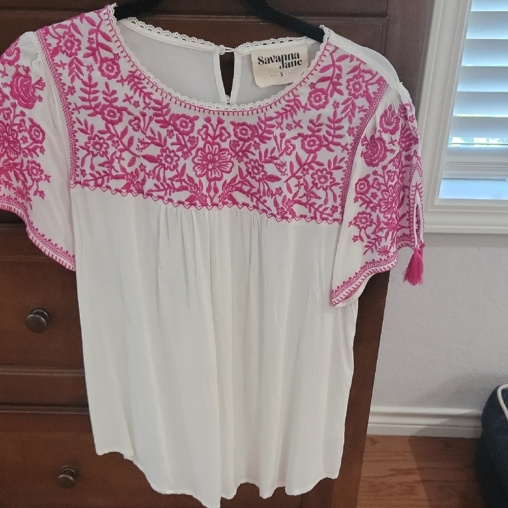 Savanna Jane White Blouse with Pink Floral Embroidery
